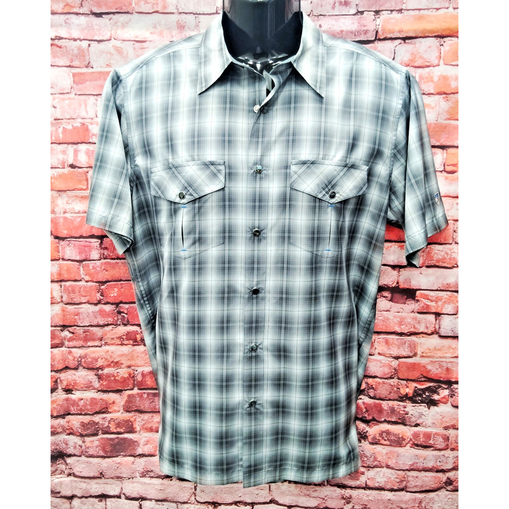 Kuhl Shirt Mens M Gray Plaid Double Pockets Hiking Outdoor Pearl Snap Button
